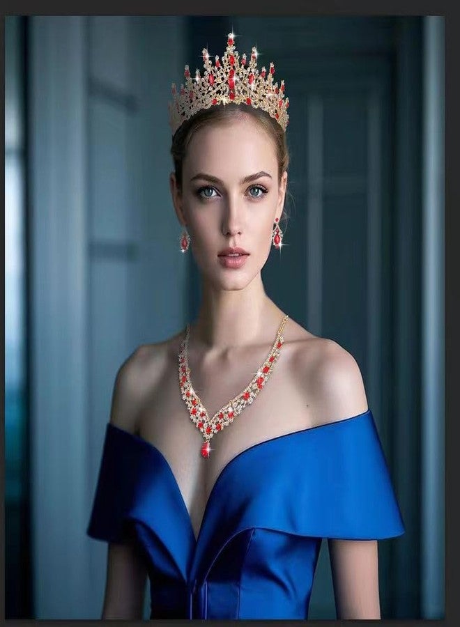 Geurlev Tiaras and Crowns for Women,Tiaras Earrings Necklace, Crystal Bridal Jewelry Set, (GoldRed) - Image 2